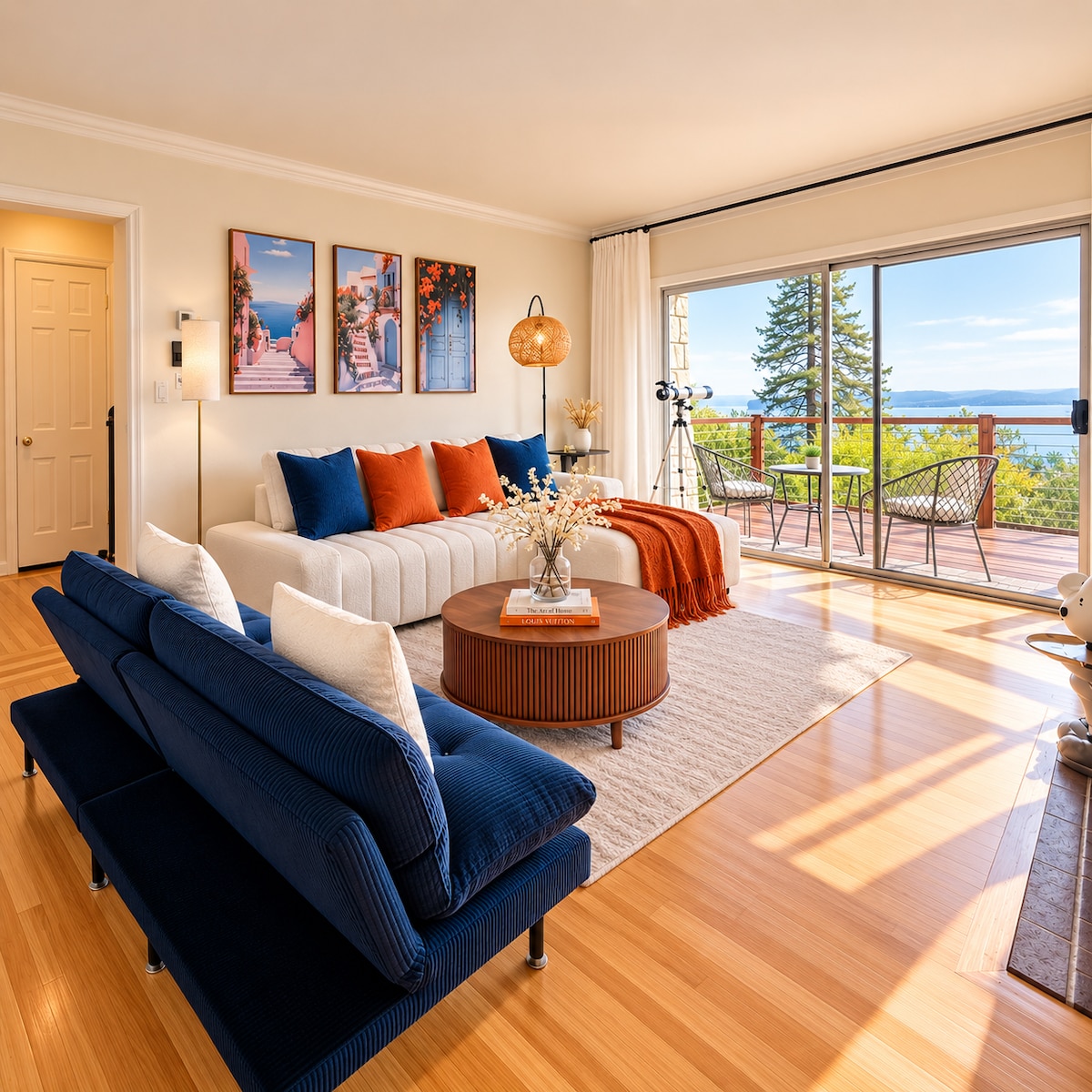 Living room opening to a private deck with Bay views