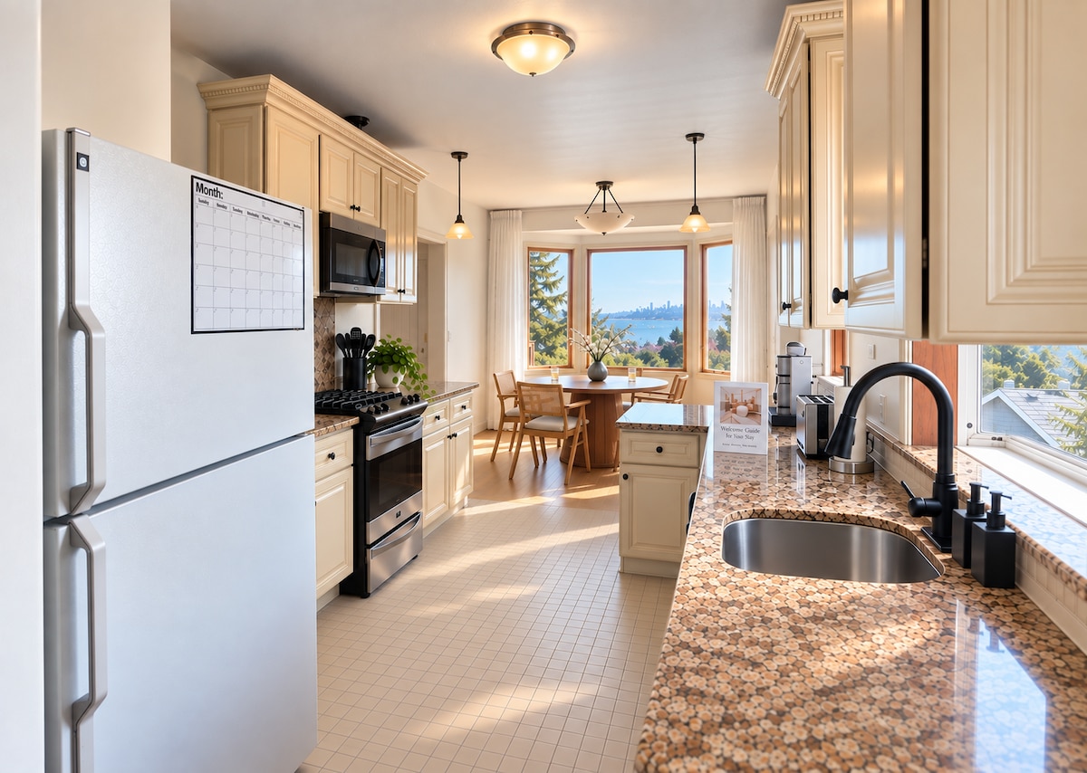 Full kitchen and dining with Bay and San Francisco skyline